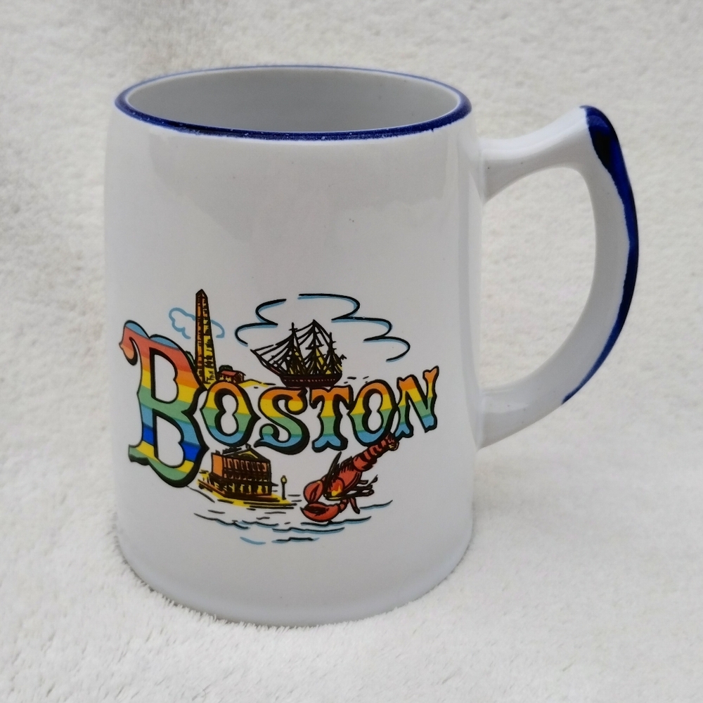 Vintage Boston Ceramic Mug Large 20 Oz White Rainbow Bunker Hill Lobster Blue